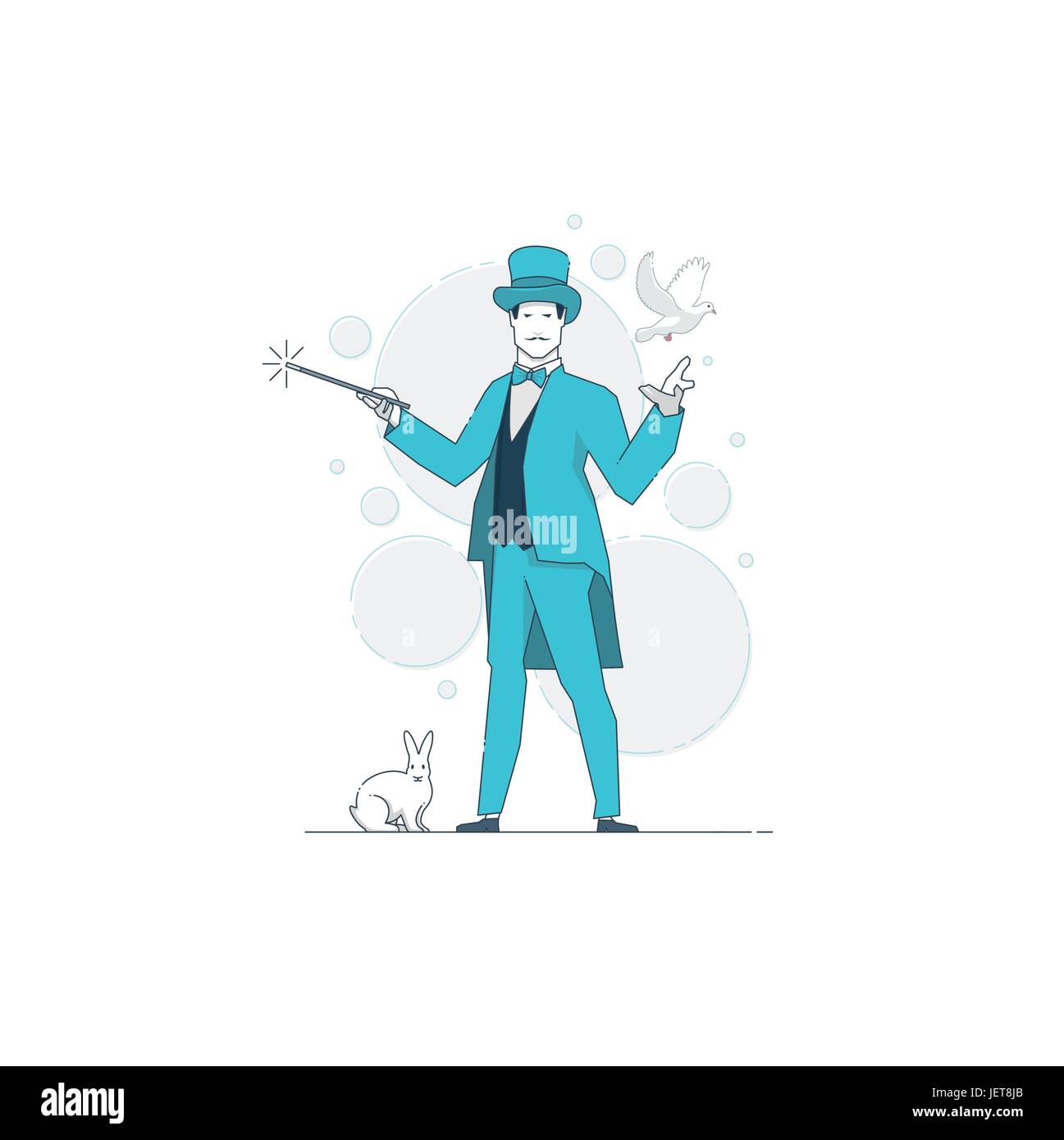Concept vector illustration. Magician holding magic wand. White rabbit and white pigeon with magician. Stock Vector