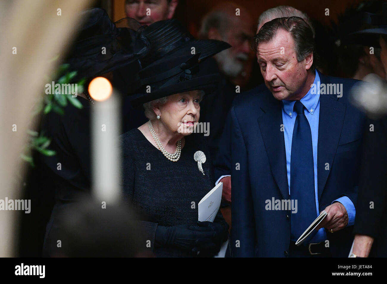 Queen Elizabeth II leaving the funeral of Countess Mountbatten of Burma at St Paul's Church, Knightsbridge, London. Stock Photo