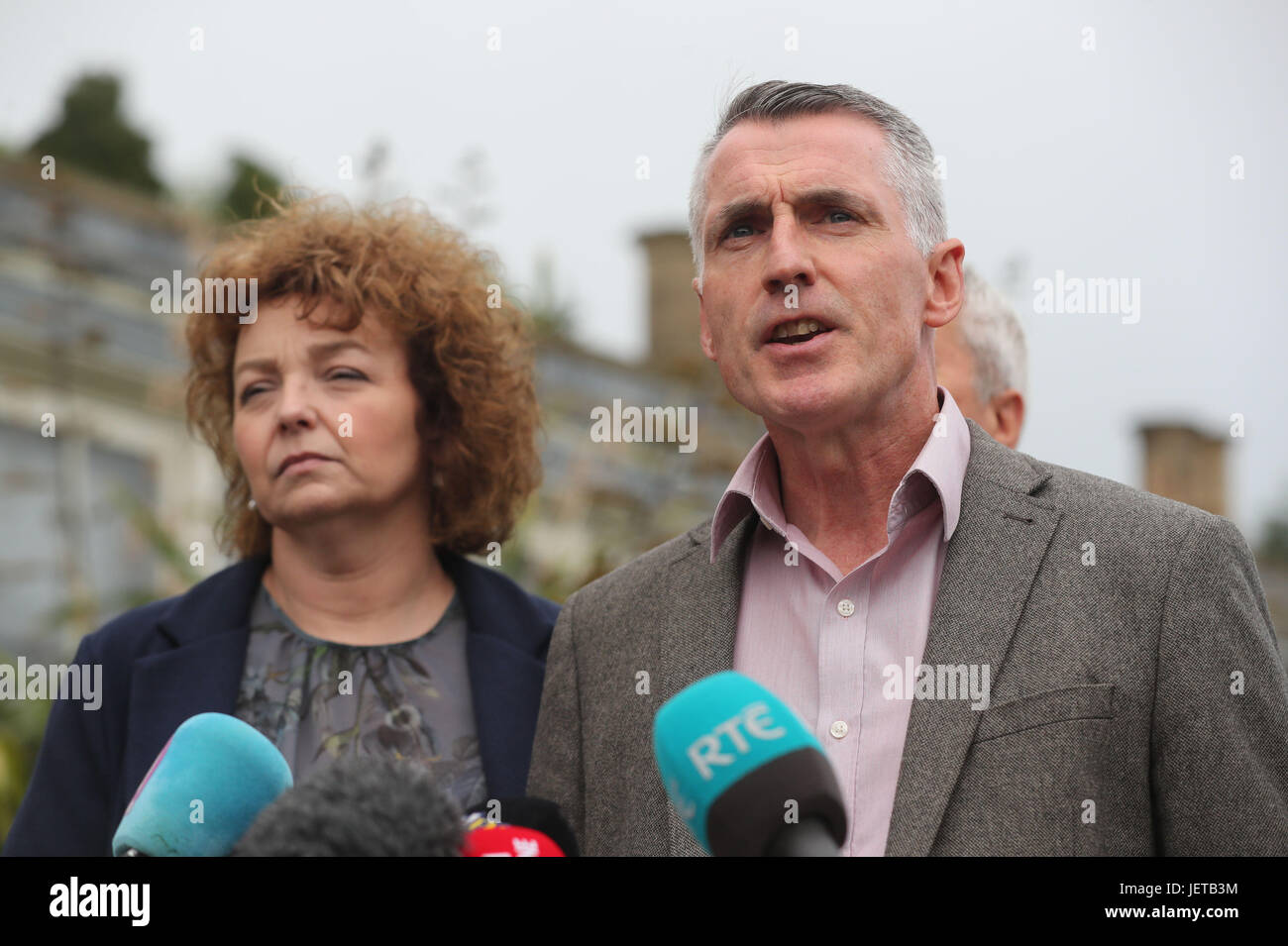 Sinn Fein's Caral Ni Chuilin (left) and Declan Kearney speak to the media outside Stormont castle as round-table all-party talks aimed at resurrecting political powersharing continues. Stock Photo