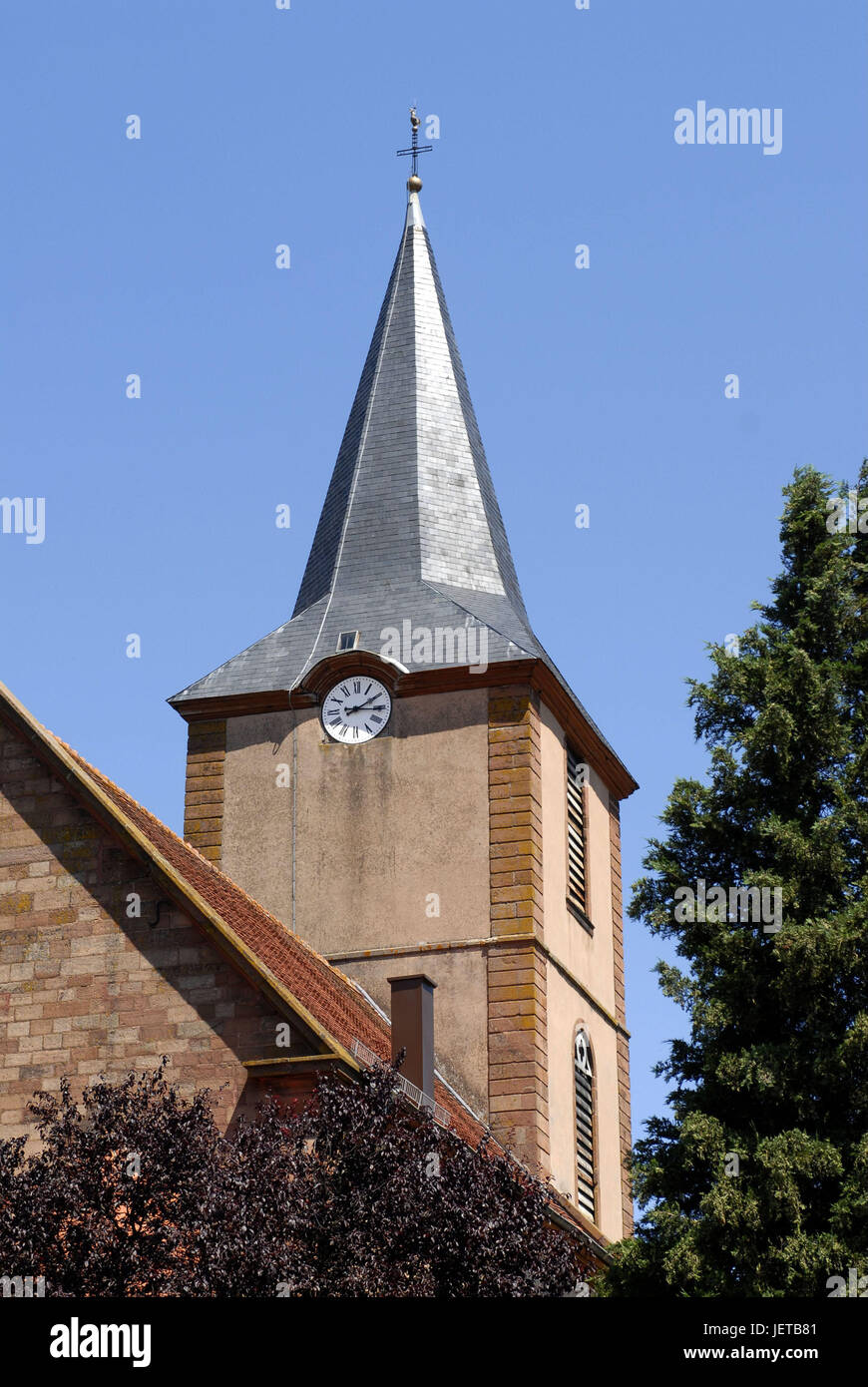 France, Alsace, Bas-Rhin, Kirrwiller, church, detail, place, faith, religion, Christianity, Protestant, church, sacred construction, architecture, steeple, clock, cross, sky, blue, cloudless, outside, trees, Stock Photo