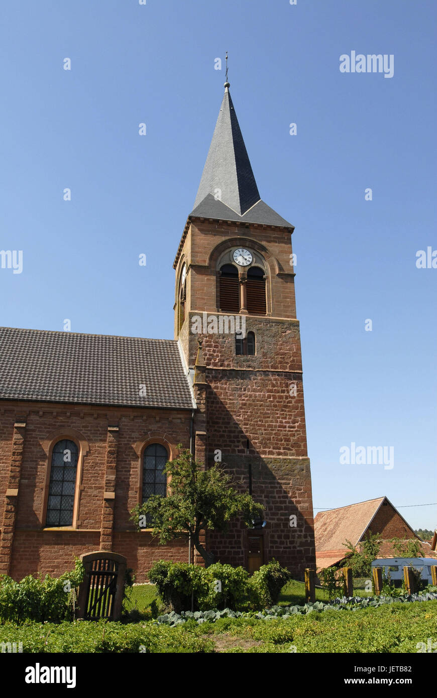 France, Alsace, Bas-Rhin, church, detail, town, church, steeple, structure, building, architecture, brick building, tower, clock, faith, religion, Christianity, sky, blue, cloudless, outside, deserted, Stock Photo