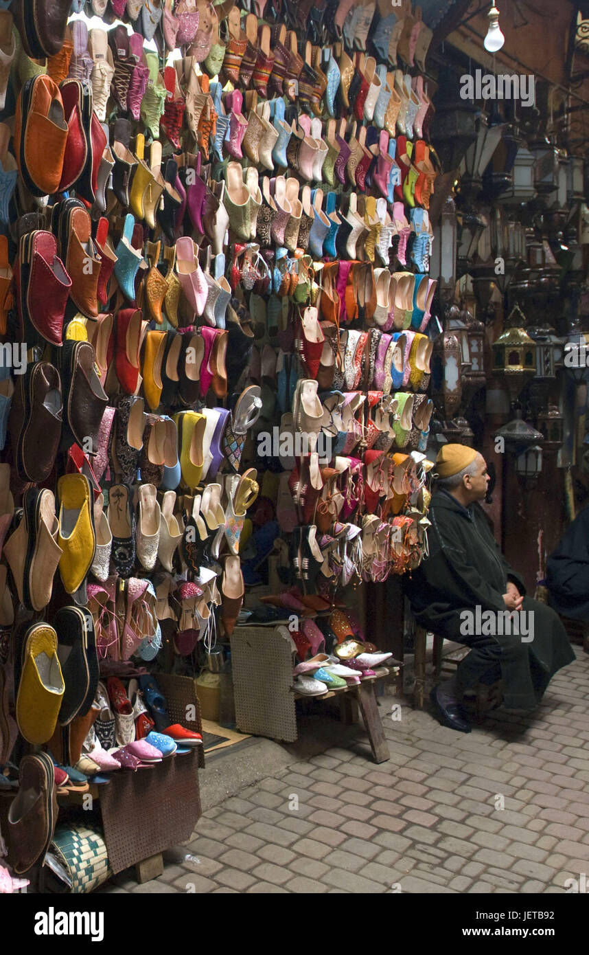 Morocco, Marrakech, Medina, Souk, shoe seller, no model release, Africa, North Africa, destination, place of interest, culture, market, Marktstrasse, shoe store, shoes, mules, Babouches, man, local, seller, sit, Stock Photo