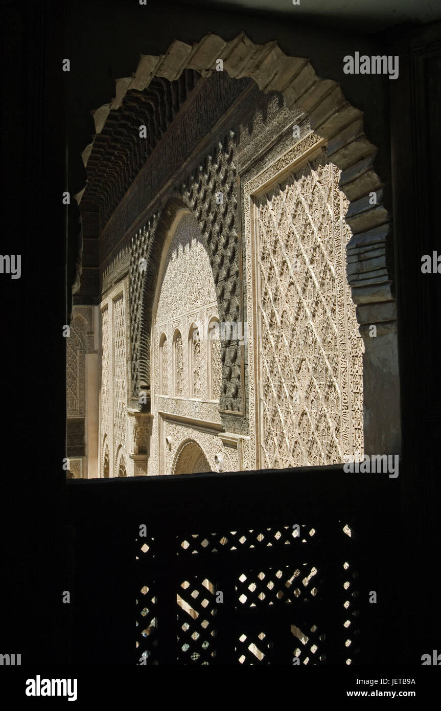 Morocco, Marrakech, madrassa, Ali ben Youssef Medersa, grace notes, detail, Africa, North Africa, destination, town, Old Town, place of interest, building, structure, historically, architecture, architectural style, sample, ornaments, outside, deserted, skilfully, Stock Photo
