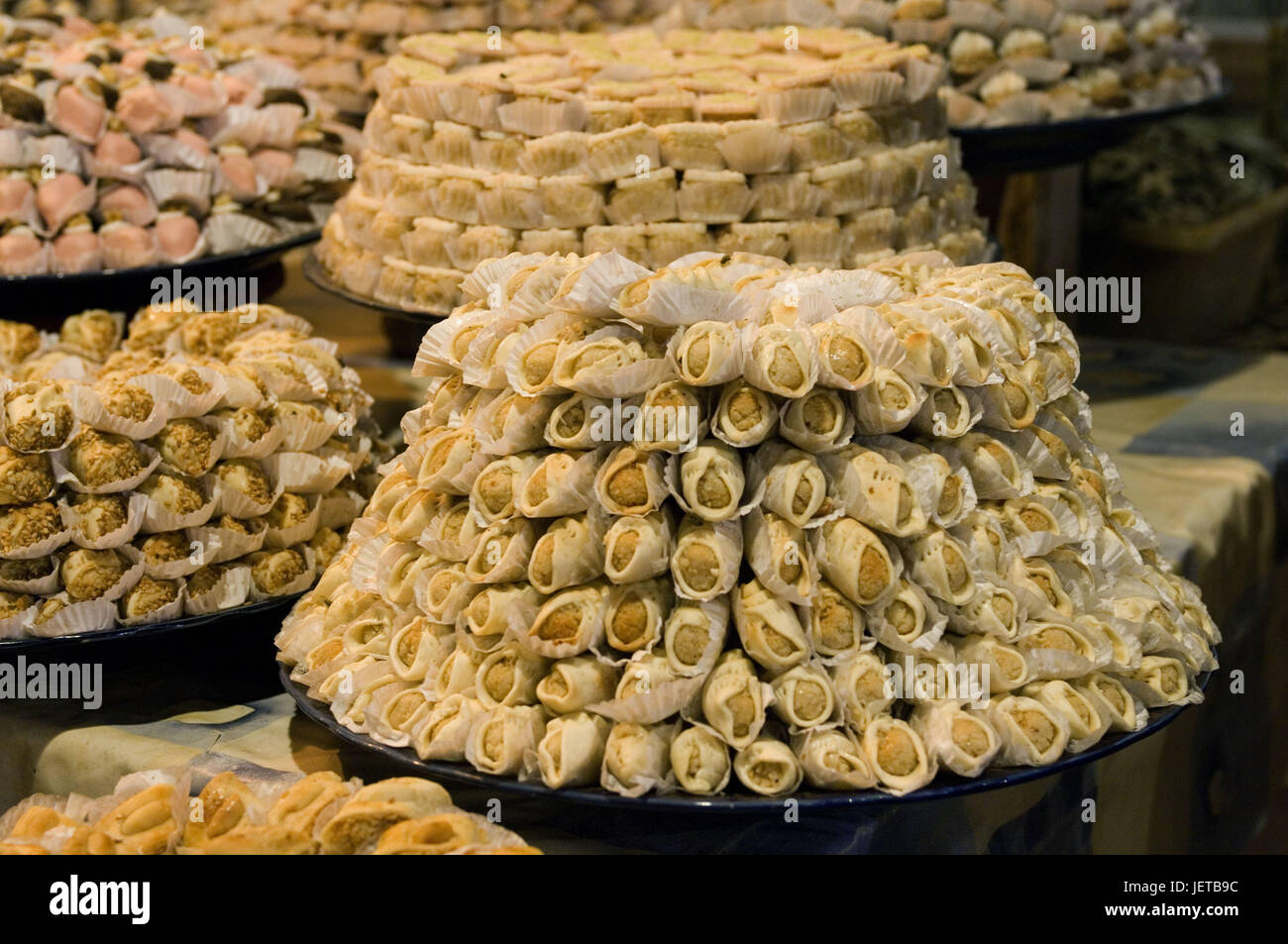 Morocco, Meknes, market, sales, cake, sweets, Africa, North Africa, town, food, Food, snacks, cakes and pastries, small cake, stacked, Stock Photo