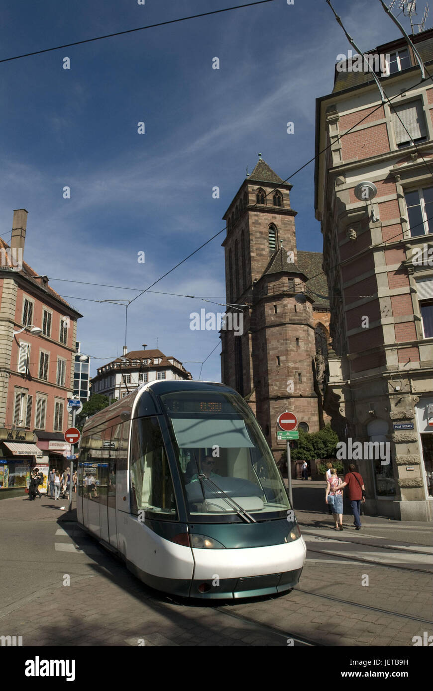 France, Alsace, Strasbourg, city centre, tram, pedestrian, Europe, destination, town, means of transportation, publicly, trajectory, rail transport, short-distance traffic, outside, people, tourists, buildings, houses, architecture, Stock Photo