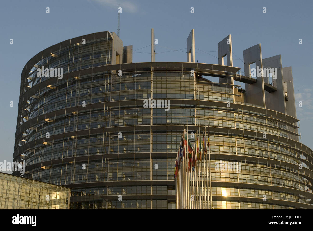France, Alsace, Strasbourg, European Parliament, chamber of deputies, detail, flags, evening light, Europe, architecture, building, structure, glass front, flags, passed away, blow, European, flagpoles, glass front, construction, mirroring, sunlight, outside, deserted, Stock Photo