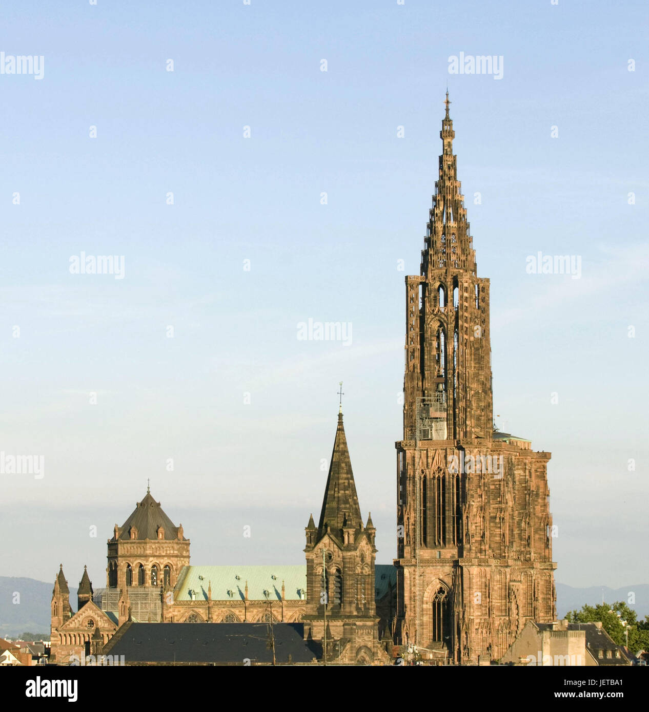 France, Alsace, Strasbourg, cathedral, Europe, destination, place of interest, landmark, building, structure, architecture, church, sacred construction, church, steeple, sky, faith, religion, Christianity, Stock Photo