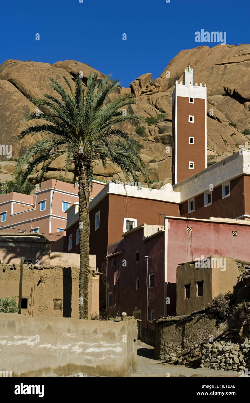 Morocco, Tafraoute, local view, minaret, palm, Africa, North Africa, mountains, mountain landscape, Faltengebirge, mountain village, building, houses, architecture, tower, rock, rocky, vegetation, residential houses, mosque, faith, religion, Islam, Stock Photo