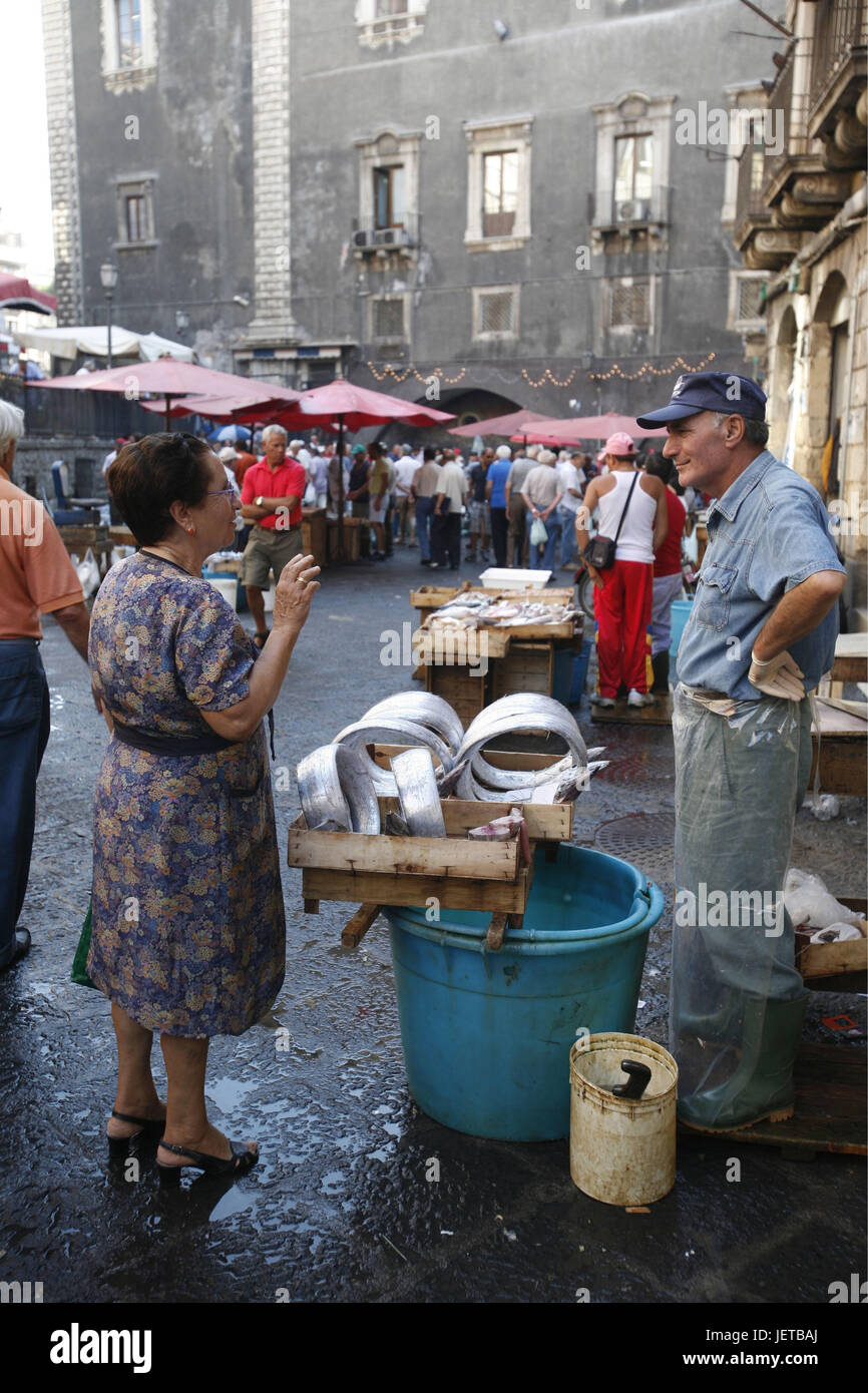 Italy, Sicily, Catania, Old Town, fish market, Southern Europe, lane, weekly market, market, market stalls, sales, fish, food fish, food, dealers, customers, economy, retail trade, destination, tourism, Stock Photo