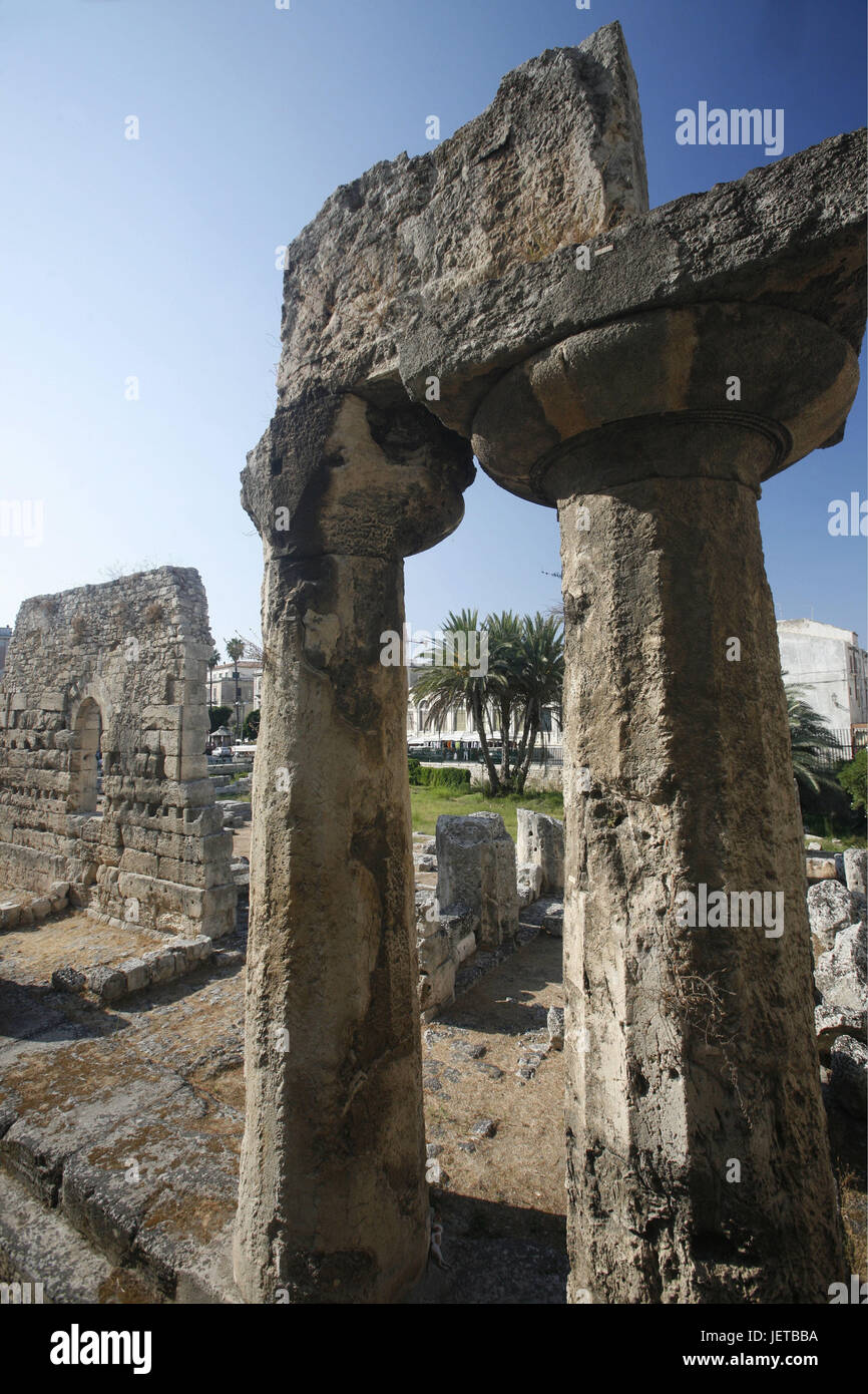 Italy, Sicily, island Ortygia, Syracuse, Old Town, Apollon temple, detail, Southern Europe, Siracusa, temple attachment, temple, temple ruin, ruin, remains, pillars, architecture, shrine, place of interest, destination, tourism, Stock Photo