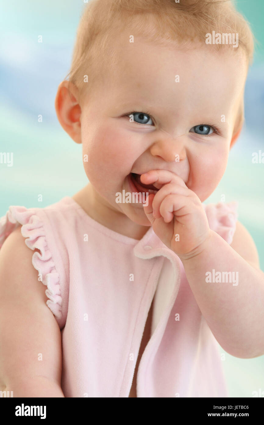 Baby, 6 months, hand, mouth, portrait, Stock Photo