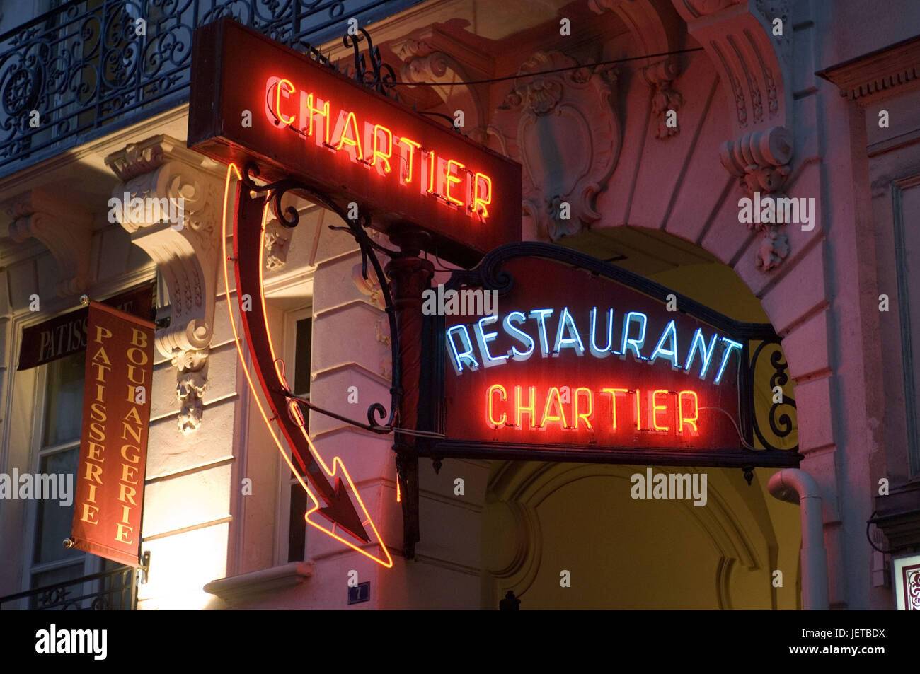 France, Paris, Rue you Faubourg Montmartre, restaurant Chartier, neon lights, detail, Stock Photo