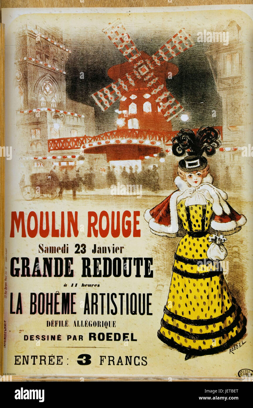 France, Paris, poster, nostalgia, Moulin blusher, Stock Photo