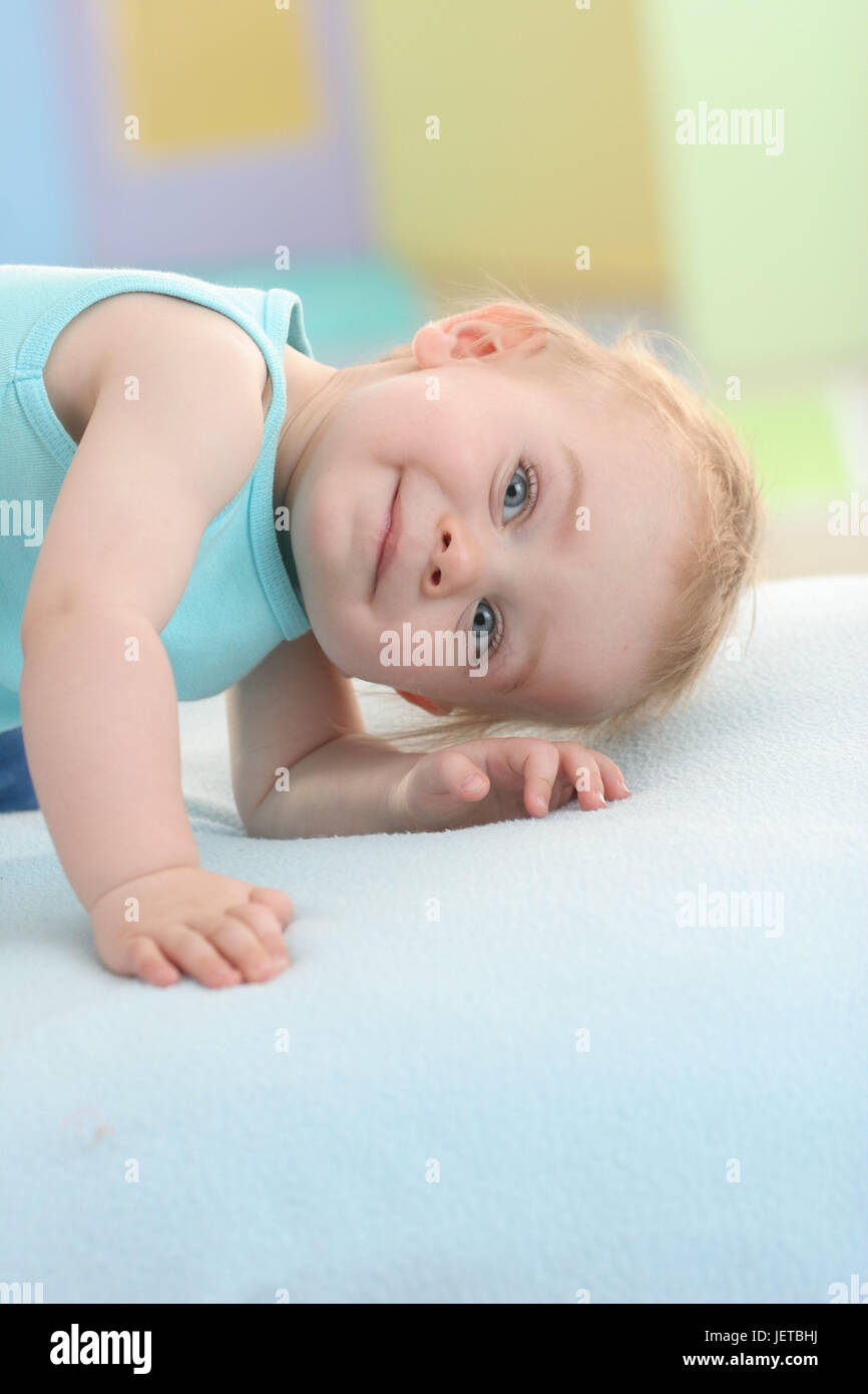Caps, baby, creep, smile, people, child, infant, boy, locomotion, curiosity, interest, happily, cheerfully, lighthearted, sweetly, childhood, child portrait, inside, Stock Photo