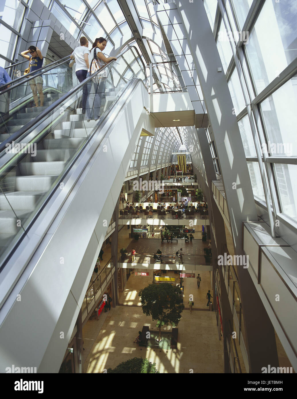 Germany, Baden-Wurttemberg, Karlsruhe, shopping centre 'Ettlinger of goal', interior shot, escalator, customer, town, centre, city centre, purchasing passage, architecture, structure, brightly, flooded with light, glass, dome, glass dome, floors, modern, shops, people, Stock Photo