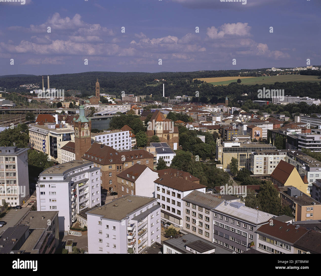 Germany, Baden-Wurttemberg, Pforzheim, town overview, town, building, houses, roofs, churches, towers, industry, overview, Stock Photo