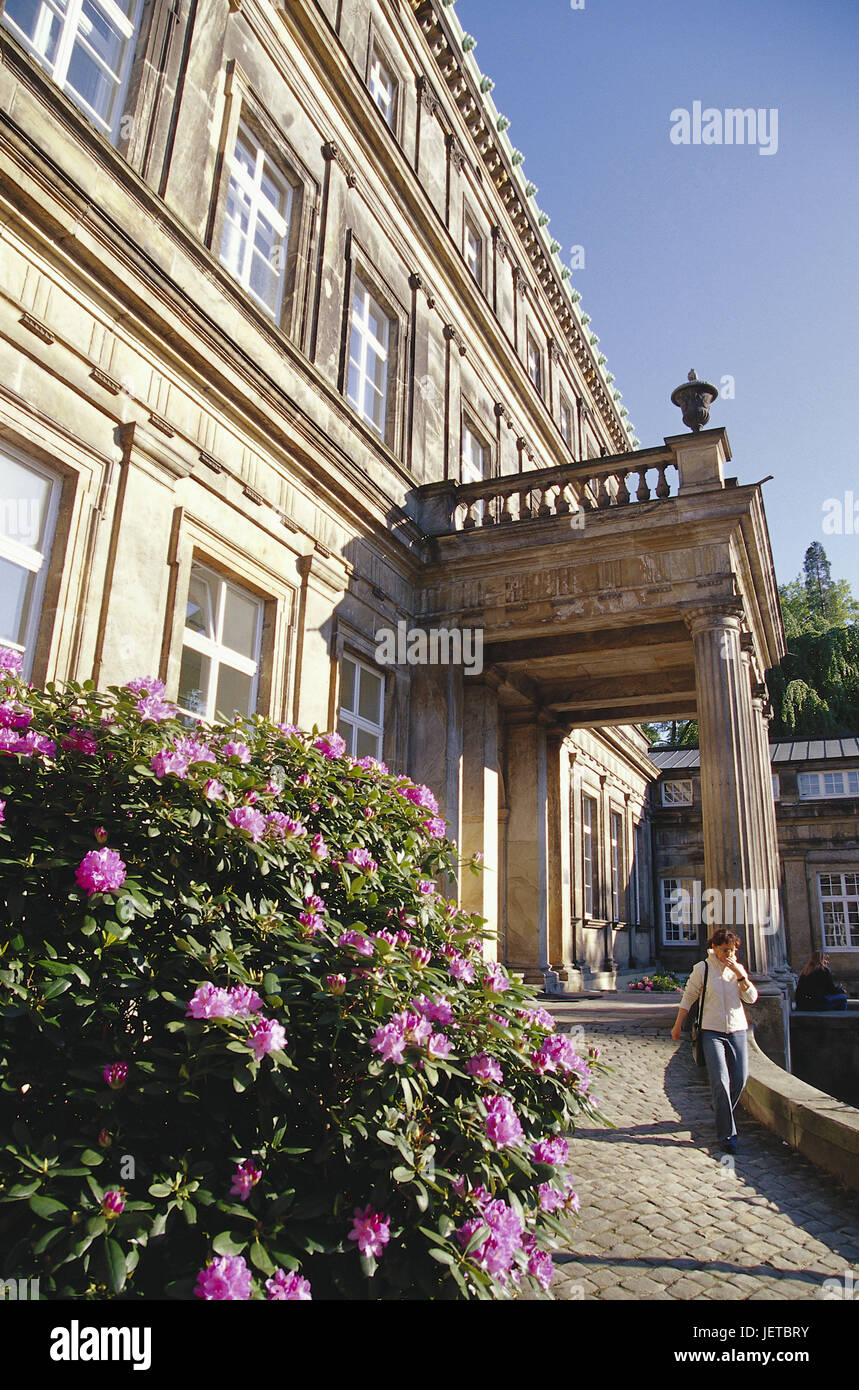 Germany, North Rhine-Westphalia, Detmold, new palace, college for music, passer-by, east Westphalian's lip, place of interest, structure, building, historically, architecture, palace, input, college of music, person, woman, rhododendron, outside, Stock Photo