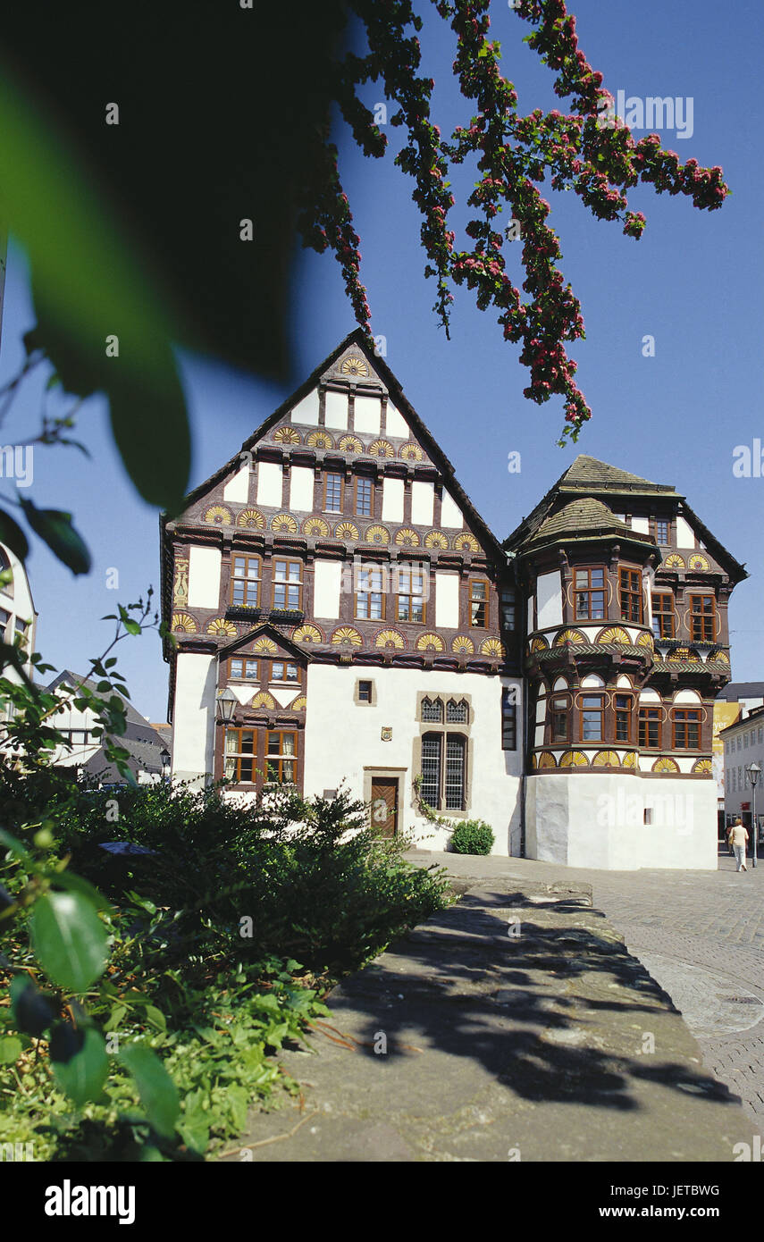 Germany, North Rhine-Westphalia, Höxter, Old Town, Dechanei, Teutoburger wood, Weser mountainous country, marketplace, houses, buildings, historically, architecture, place of interest, in 1561, local view, half-timbered, half-timbered house, carving, ornaments, professional rosettes, Palmetten, wooden relief, Adel's court, trees, shrubs, outside, Stock Photo
