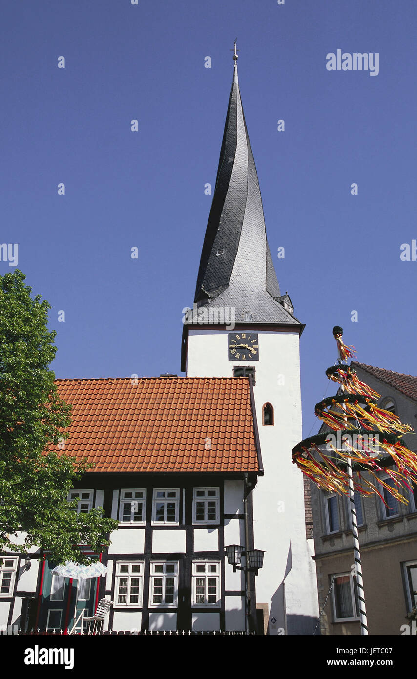 Germany, North Rhine-Westphalia, moor with Lemgo, Heidener steeple, maypole, half-timbered house, Westphalian, local middle, village core, place of interest, specific feature, sacred construction, building, house, historically, architecture, half-timbered, steeple, village church, polygonal spire, tower roof, steeple roof, rotated, twists, sinuously, Stock Photo
