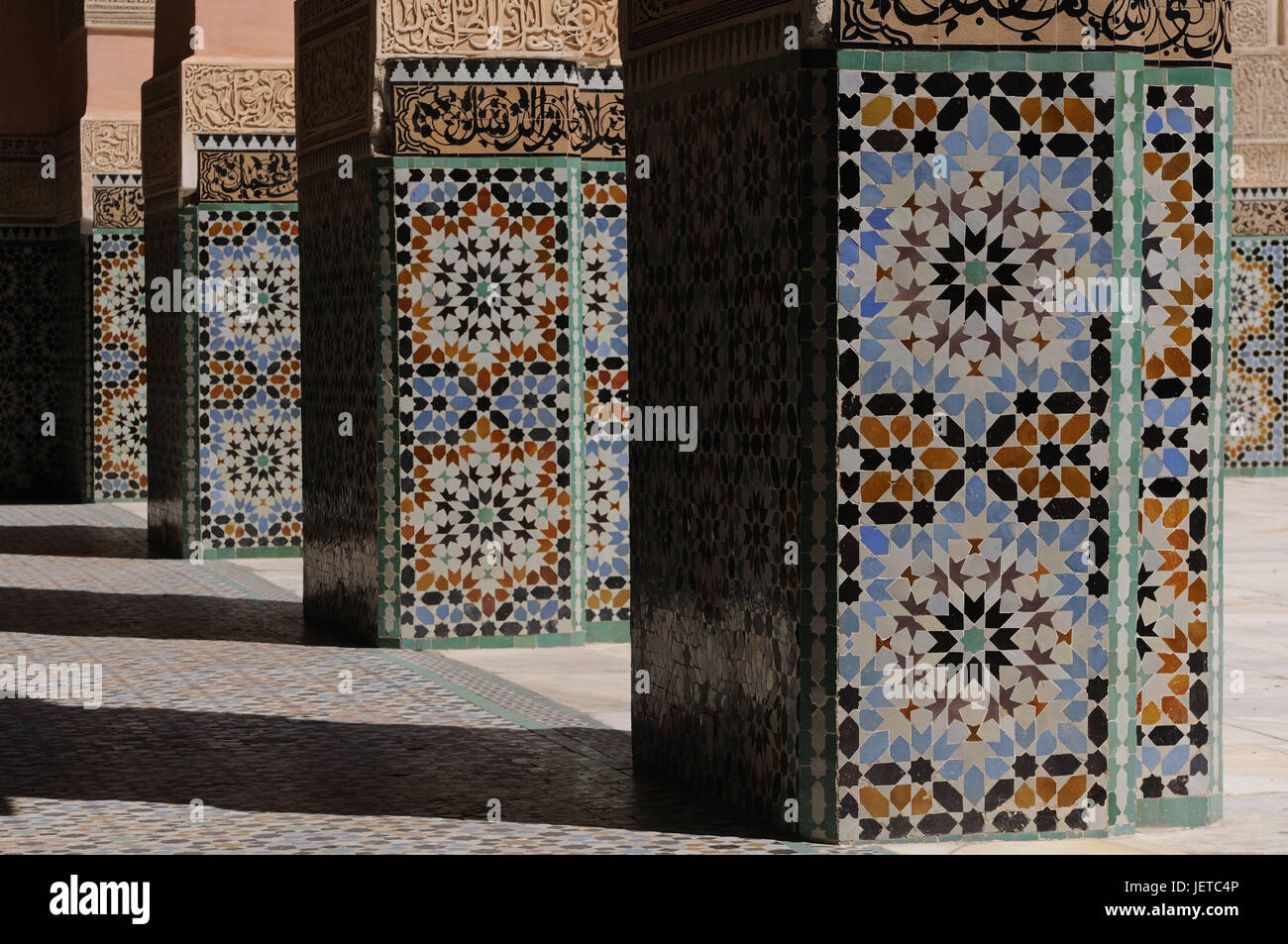 Pillars, decorates, Mosaike, Medersa' Ali ben of Youssef', Marrakech, Morocco, Africa, Stock Photo
