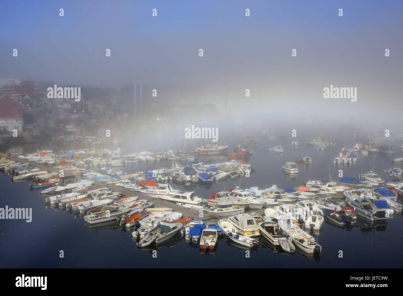 Greenland, Disco Bay, Ilulissat, fjord, harbour, boats, fog, overview, Western Greenland, town, port, landing stage, pier, mole, bridge, boats, motorboats, foggy, nebulous bows, natural phenomenon, the Arctic, sea, water, Stock Photo