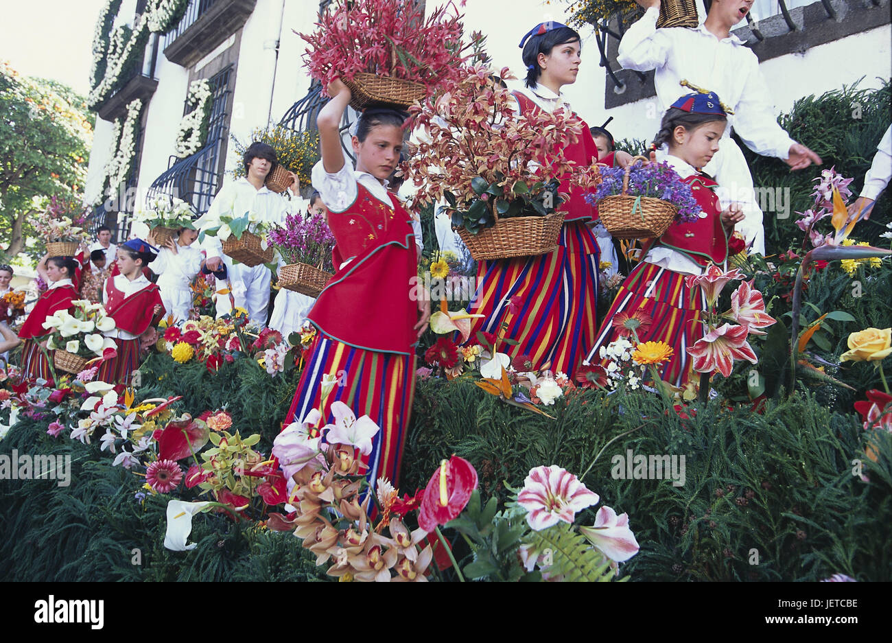 Portugal, island Madeira, Funchal, Festa there Flor, women, costumes, flower jewellery, island capital, flower feast, flower save, save, fixed carriage, person, clothes, folklore clothes, flowers, blossoms, attraction, place of interest, destination, tourism, Stock Photo
