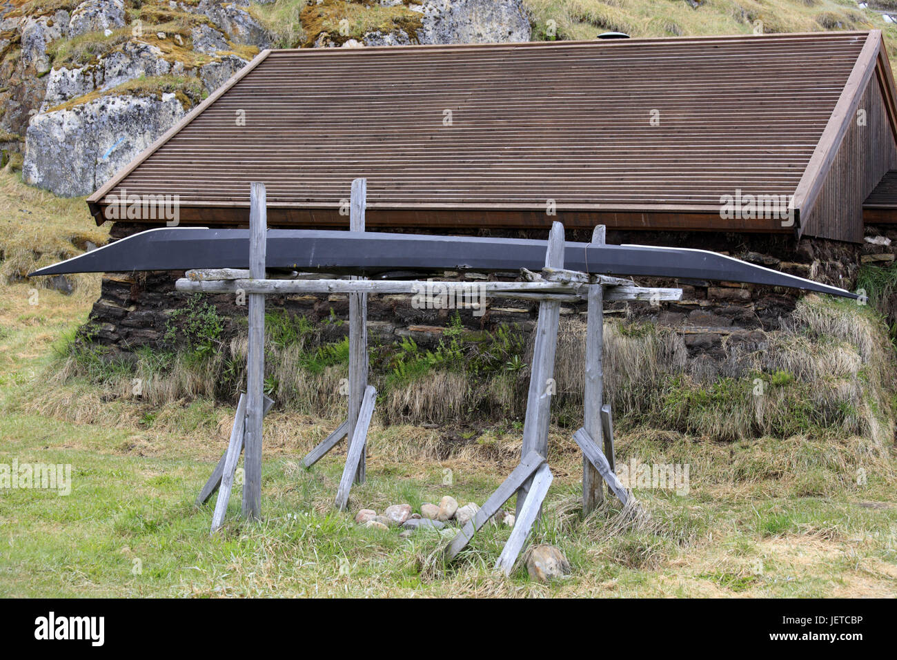 Greenland, Sisimiut, museum, mounting, kayak, historically, Western Greenland, town, destination, place of interest, culture, outside, Inuit, Inuit culture, architecture, wooden hut, wooden rack, device, deserted, stand, Stock Photo