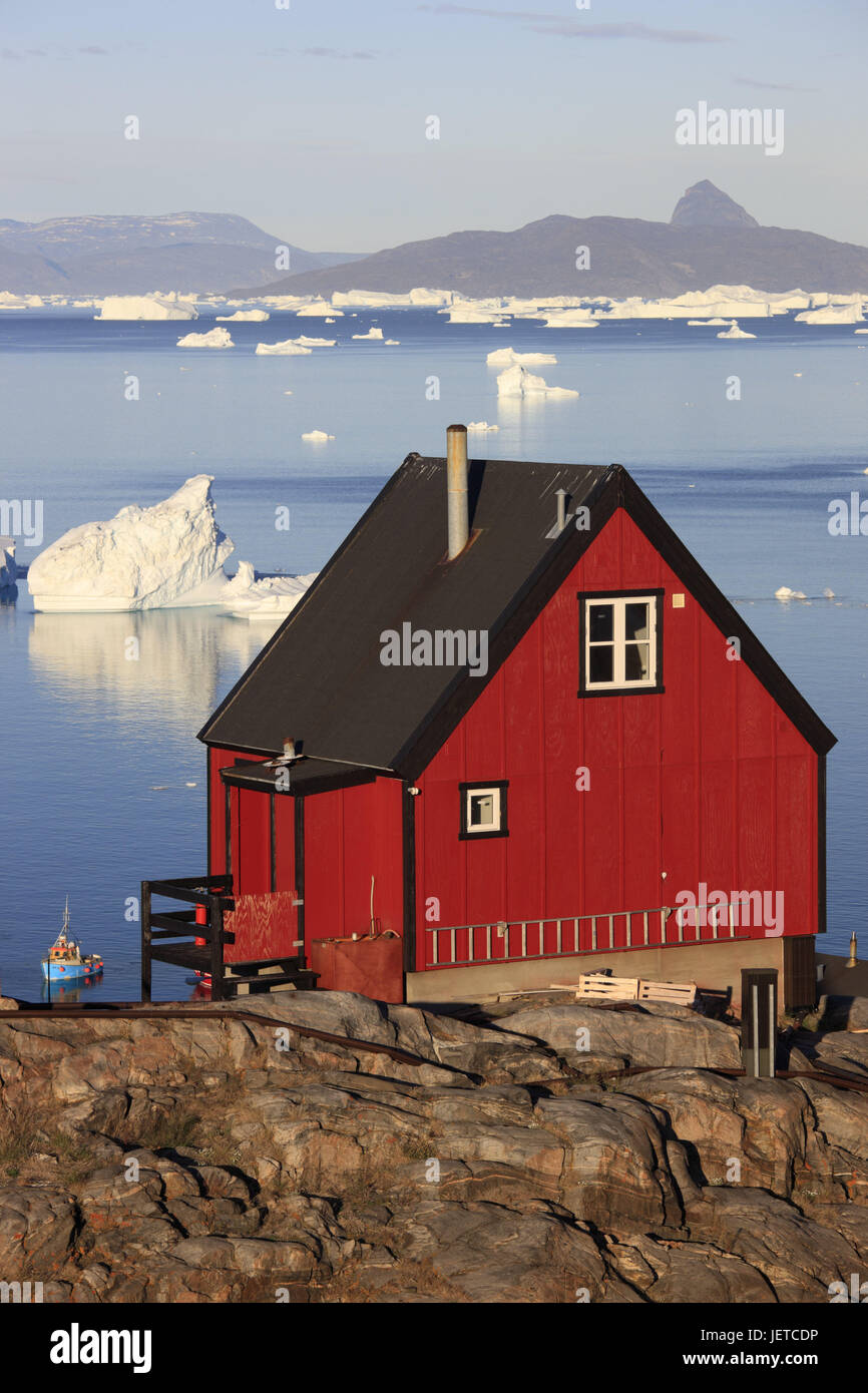 Greenland, Uummannaq, coast, wooden house, fjord, icebergs, Northern Greenland, destination, sea, the Arctic, mountains, glacier ice creams, outside, E sharp, water, house, residential house, red, architecture, outside, deserted, rocks, coast, view, Stock Photo