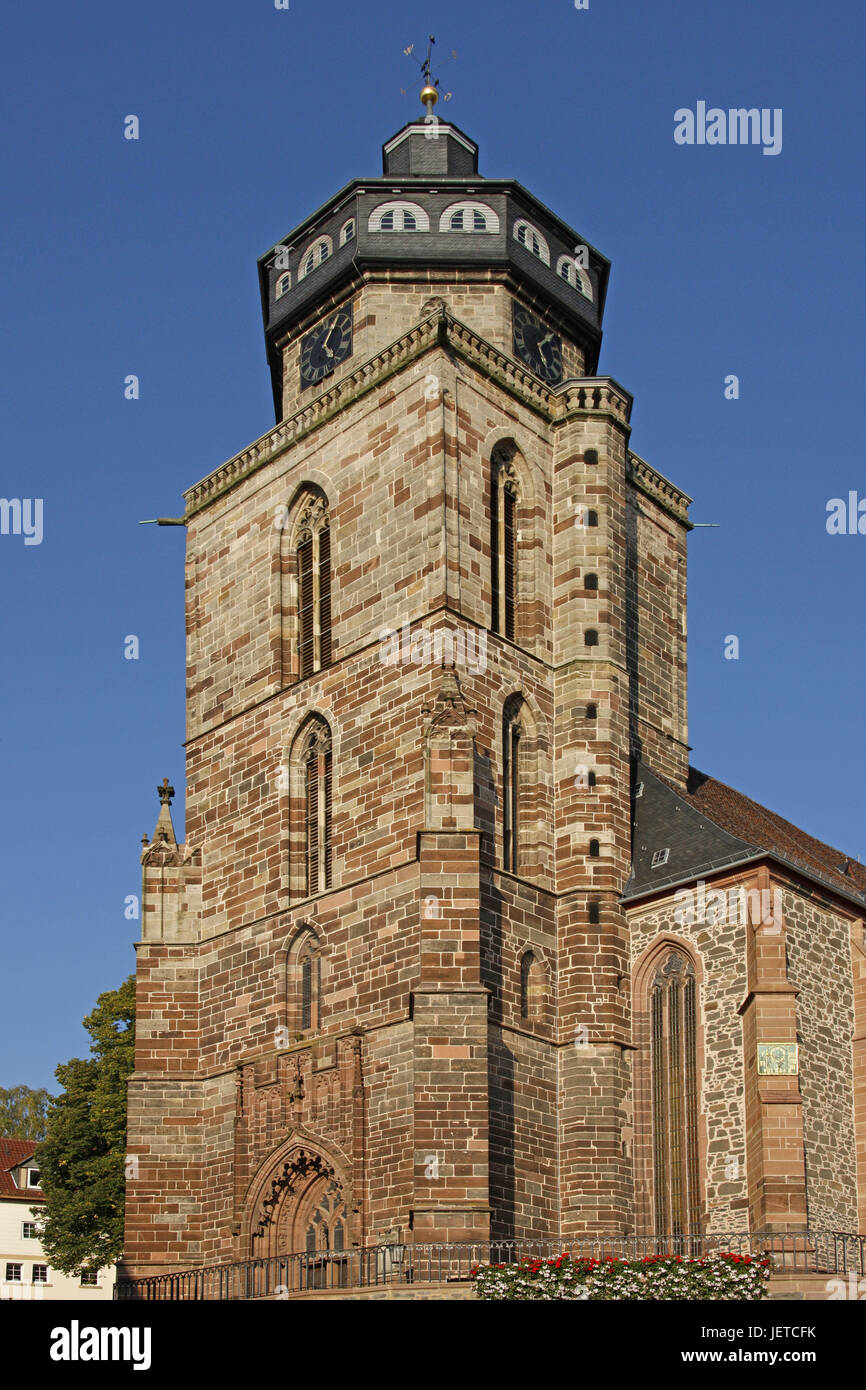 Germany, Hessen, mountain Hom, Marien's church, sky, blue, Northern Hessen, town, Old Town, marketplace, church, hall church, steeple, church, religion, faith, structure, architecture, architectural style, late Gothic, icon, landmark, place of interest, tourism, Stock Photo