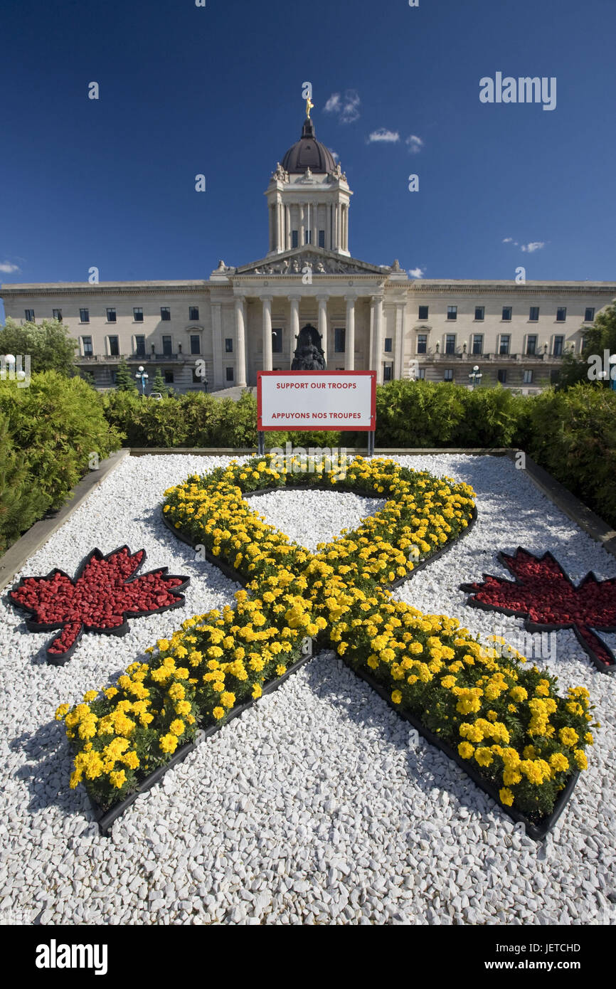 Canada, Manitoba, Winnipeg, Legislative Building, monument, flowers, pebbles, array, loop, Stock Photo