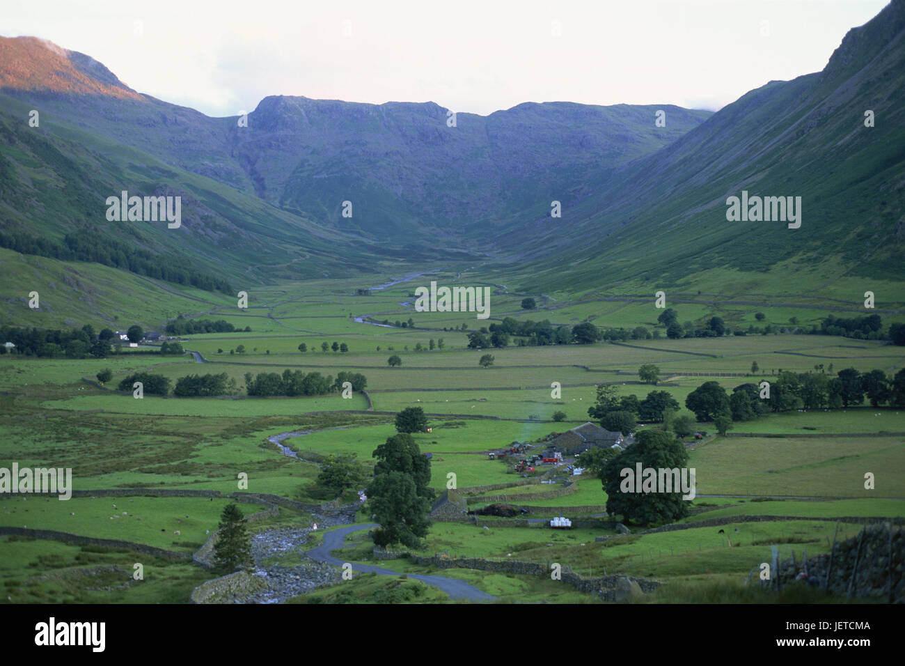 Great Britain, England, Cumbria, brine District, Great Langdale, mountain landscape, Cumbrian Mountains, Europe, width, distance, mountains, hills, meadows, green, houses, farms, isolates, brook, trees, view, rurally, remotely, Stock Photo