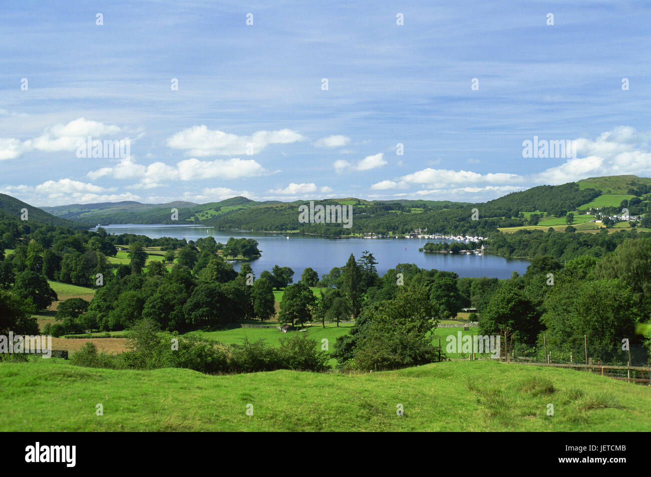 Great Britain, England, Cumbria, brine District, Coniston Water, lake, scenery, Europe, meadows, green, trees, water, nature, Idyll, deserted, width, distance, sky, clouds, sunny, Stock Photo
