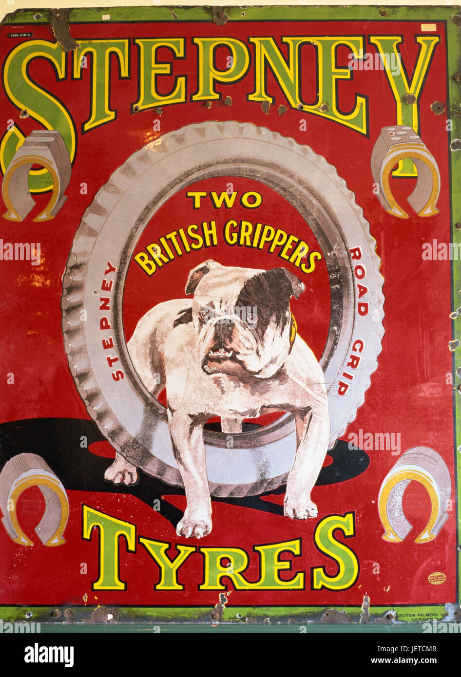Metal sign, advertisement, tyre, bulldog, no property release, Great Britain, England, Durham, Beamish, place of interest, museum, open-air museum, sign, advertising sign, old, red, character font, yellow, dog, nostalgia, Stock Photo