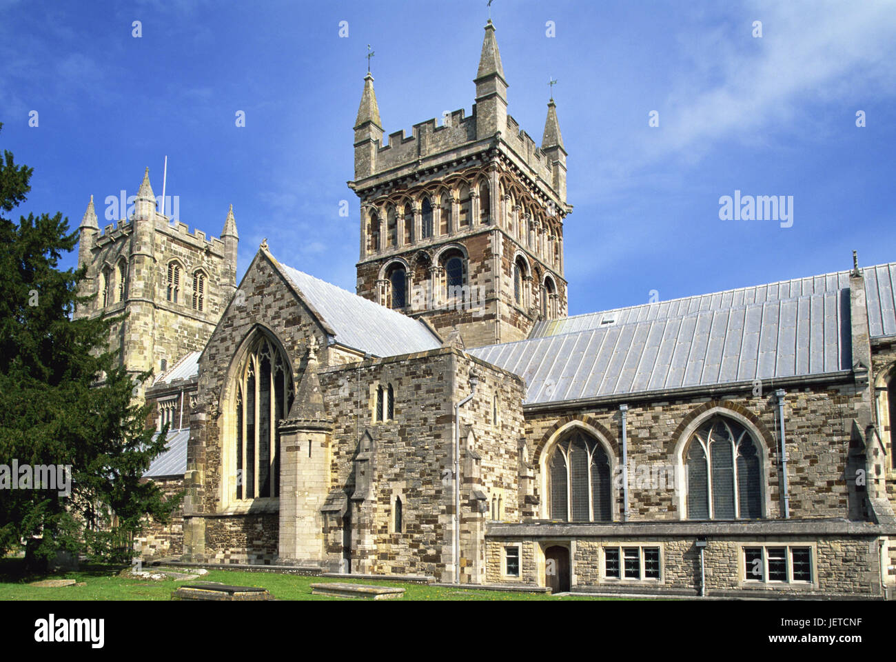 Great Britain, England, Dorset, Wim's springs Minster, cathedral, Europe, town, destination, place of interest, building, structure, architecture, church, faith, religion, Christianity, sacred construction, towers, facade, stone structure way, Stock Photo