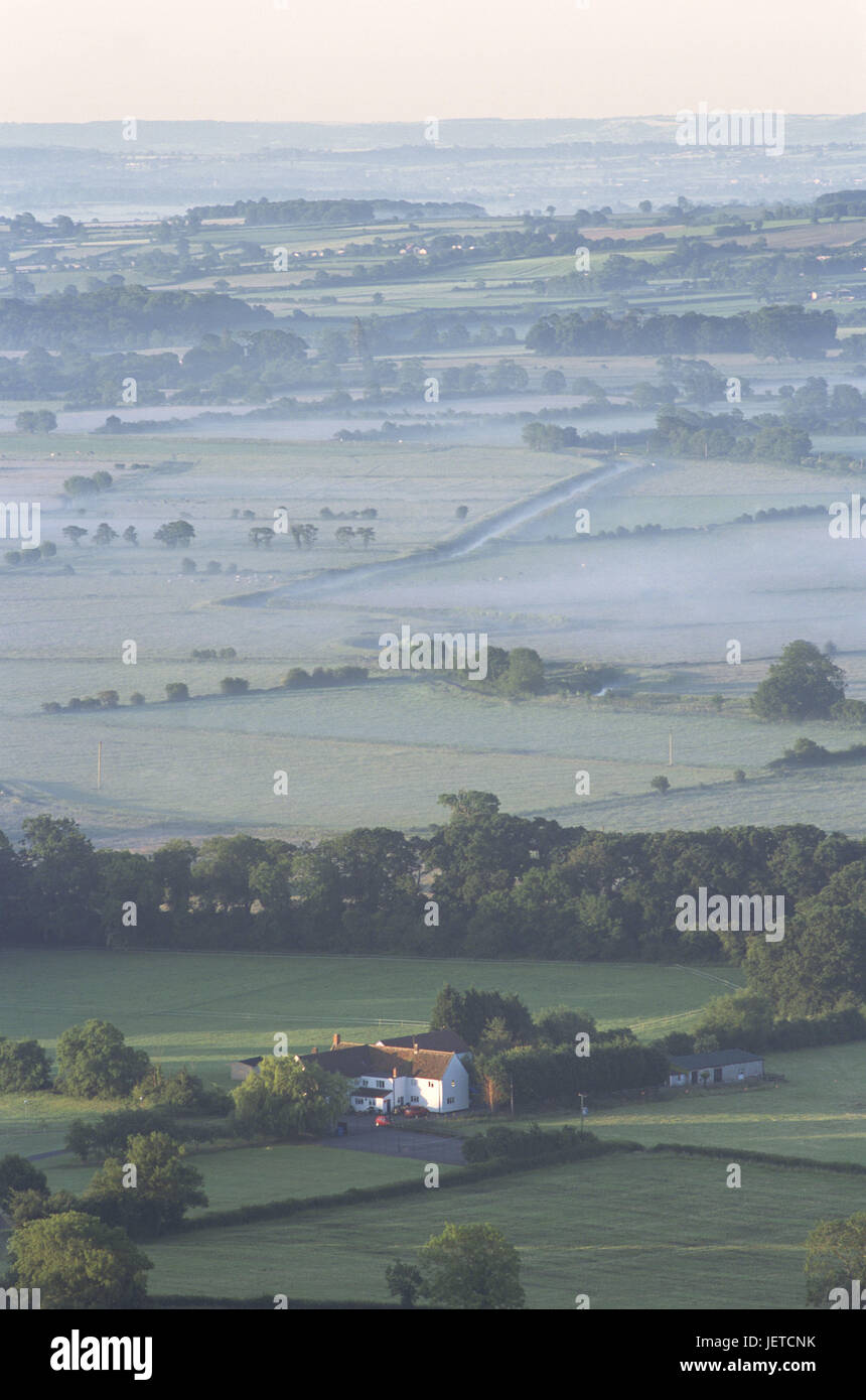 Great Britain, England, Somerset, scenery, fields, view, foggy, farm, Europe, width, distance, field scenery, trees, demarcation, agriculture, foggy, house, building, farmhouse, Stock Photo