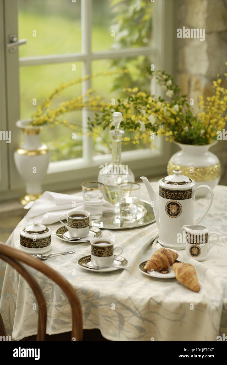 Coffee table, covered, porcelain, elegantly, broom, table, around, tablet, coffee service, dishes, china, cups, two, silver tablet, coffee drinking, croissants, sugar bowl, lacteal pot, teaspoon, table caps, porcelain vases, Genista, floral decoration, window, nobody, Stock Photo