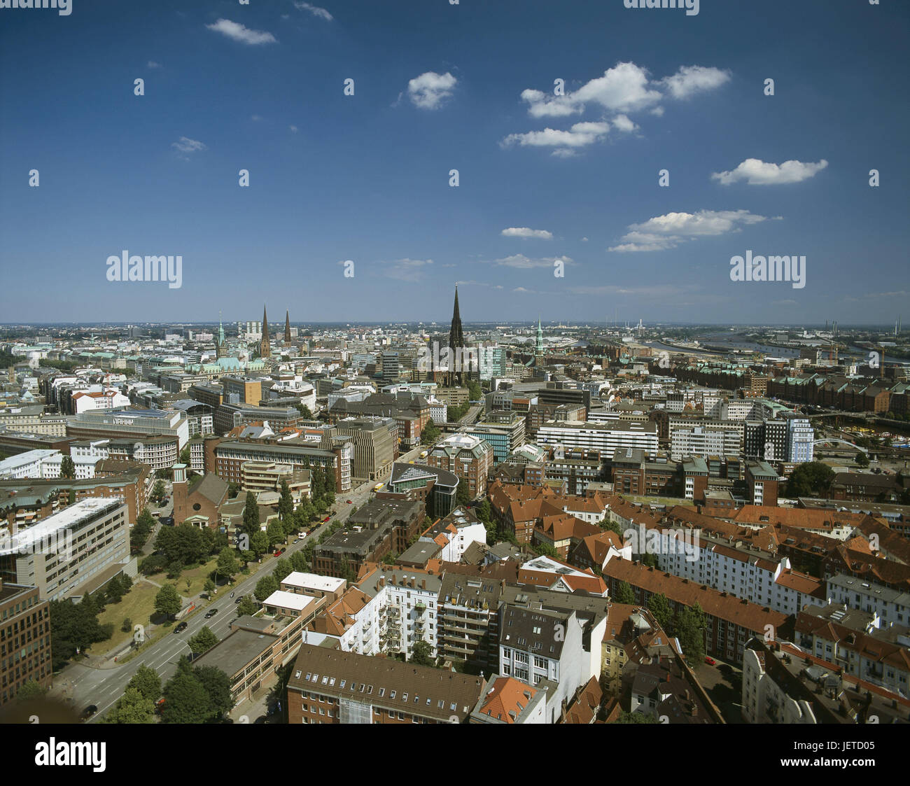 Germany, Hamburg, town overview, North Germany, city, Hanseatic town, port, town, city centre, churches, Ludwig's Erhard street, overview, Stock Photo