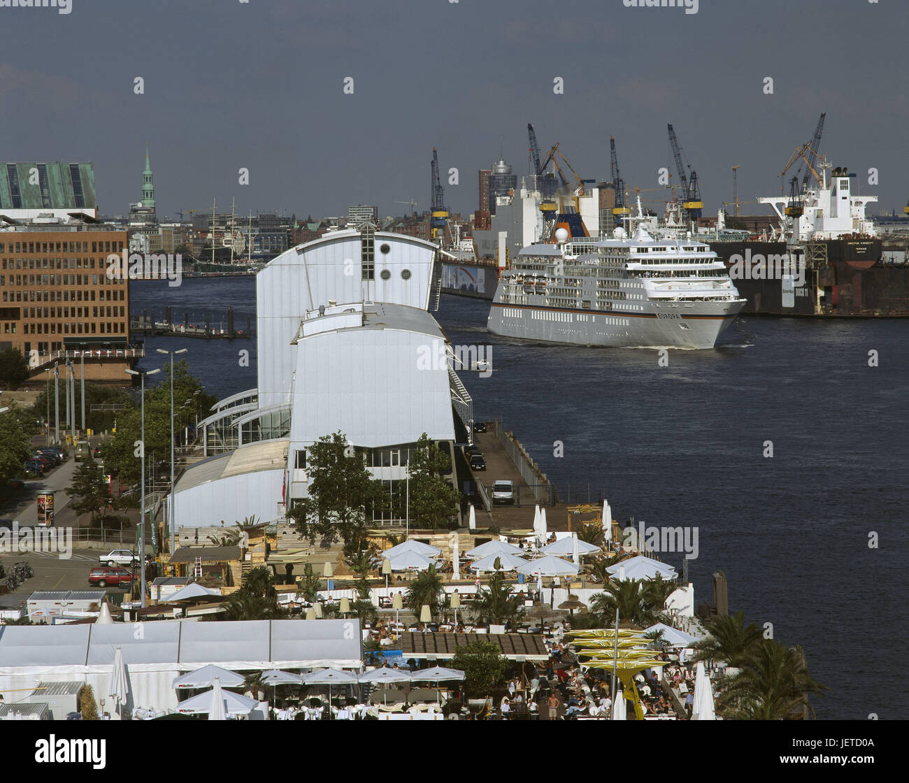Germany, Hamburg, the Elbe, ship, MS Europe, Beach club, dock, formerly Fähr and cruise terminal, North Germany, city, Hanseatic town, port, town, cranes, river, channel, riverside, leisure time, clubs, bars, van-der-Smissen-Straße, gastronomy, passenger liner, cruise ship, experience gastronomy, 'beach bars', beach feeling, Edgar angel's hard quay, holiday tuning, person, town view, summer, Stock Photo
