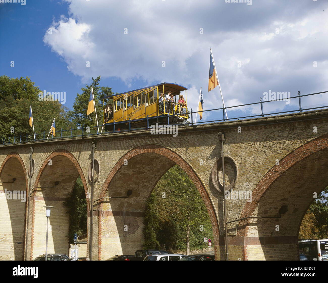 Germany, Hessen, Wiesbaden, Nerotal, mountain, viaduct, Nerobergbahn, passengers, driving downhill, summer, means of transportation, vehicle, rarity, personal transport, means of transportation, trajectory, mountain railway, beach-ball branch trajectory, Zahnstangenstandseilbahn, in 1888, mountain Nero, carriage, beach-ball branch, yellow, route, bridge, person, wire rope-gear rack trajectory, place of interest, downhill, journey, cultural monument, outside, Stock Photo