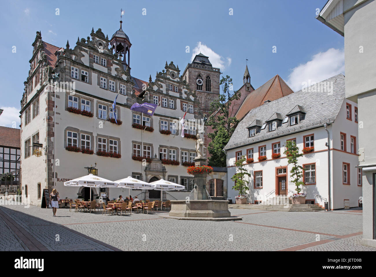 Germany, Hessen, Bad Hersfeld, city hall, well, Old Town, square, building, cafe, gastronomy, outside, statue, steeple, person, tourist, sunshine, Stock Photo