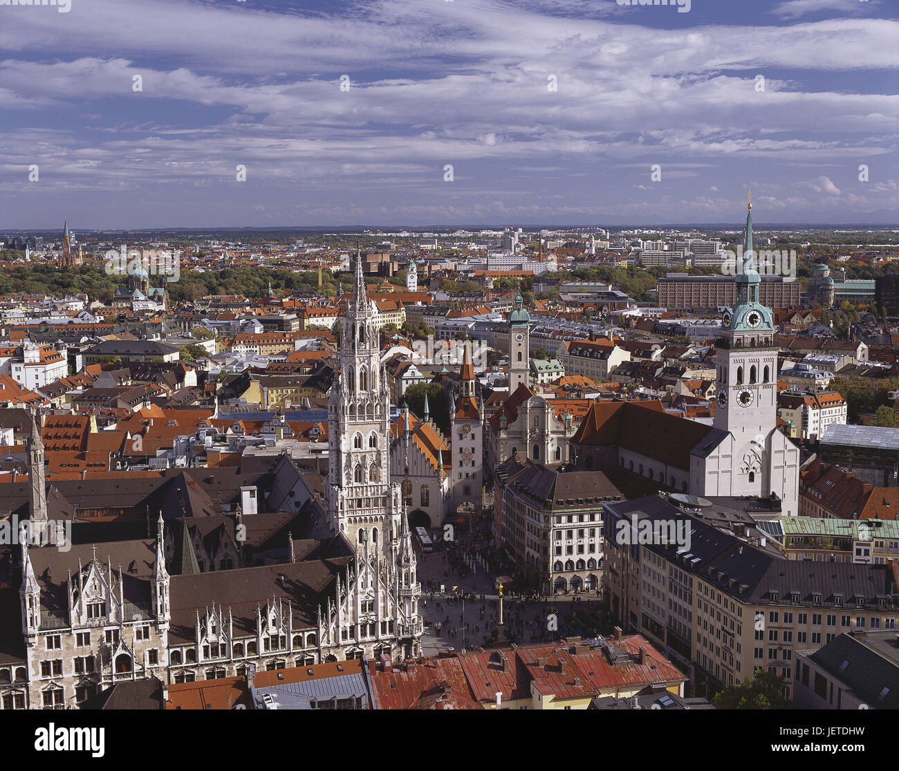 Germany, Bavaria, Munich, town overview, city hall tower, parish church Saint Peter, town, Old Town, city hall, towers, parish church, church, steeple, church, religion, faith, houses, view, overview, sunshine, sky, blue, clouds, Stock Photo
