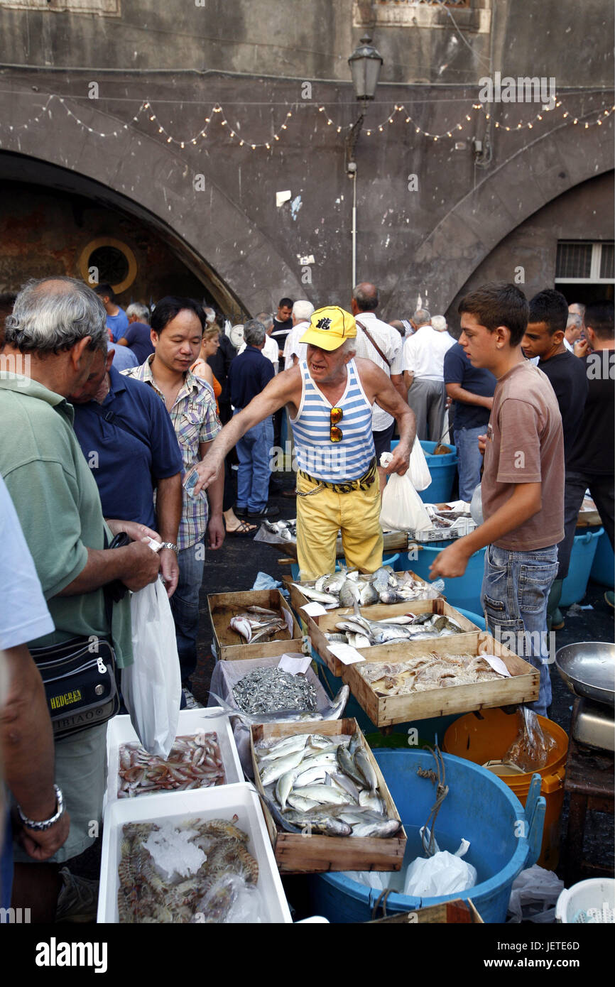 Italy, Sicily, Catania, Old Town, fish market, Southern Europe, lane, weekly market, market, market stalls, sales, fish, food fish, food, dealers, customers, people, crowd of people, economy, retail trade, destination, tourism, Stock Photo