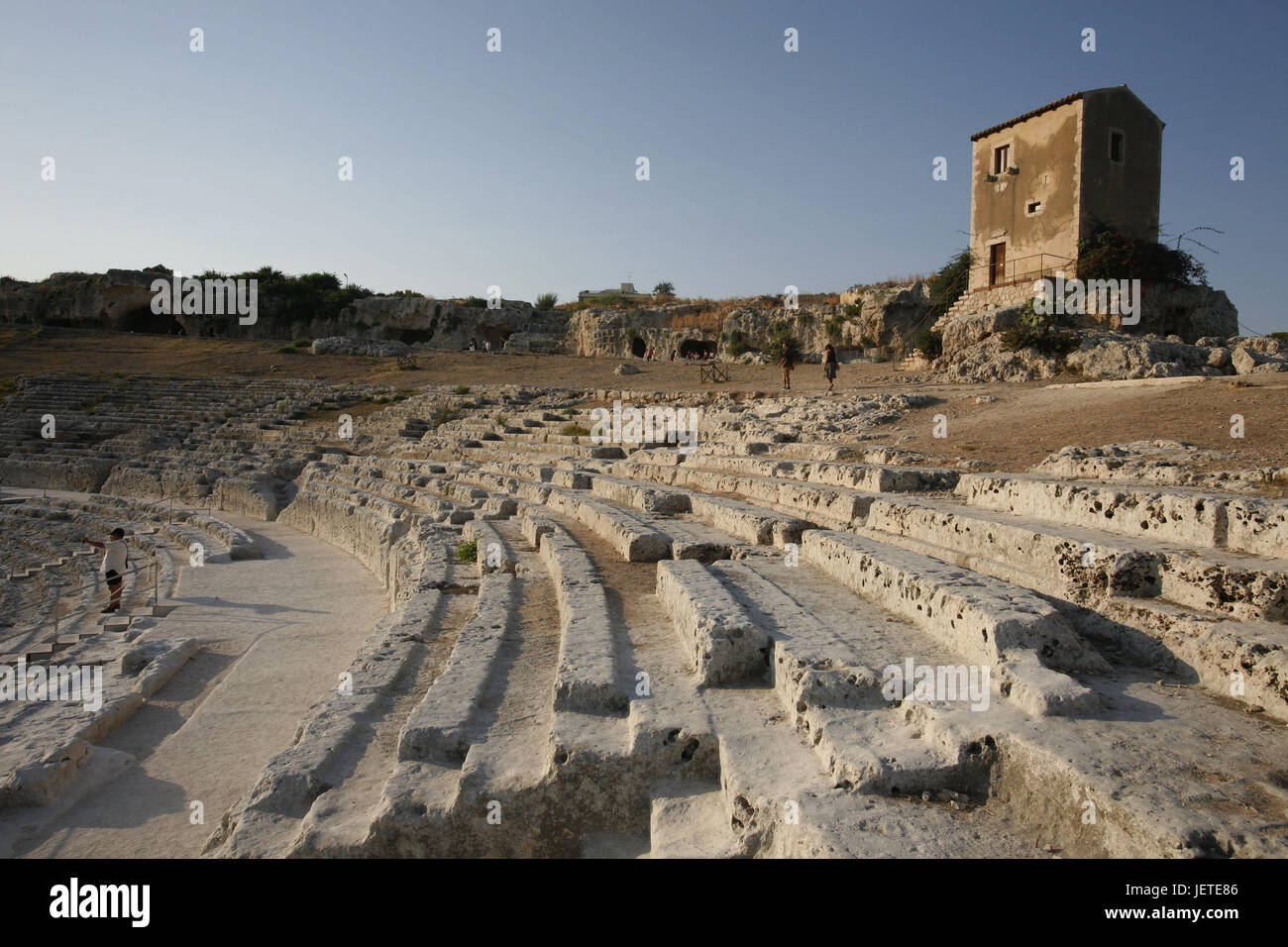 Italy, Sicily, island Ortygia, Syracuse, Teatro Greco, Southern Europe, Siracusa, game site, theatre, structure, antique, rows, place of interest, destination, tourism, theatrical festival, tourists, people, Stock Photo
