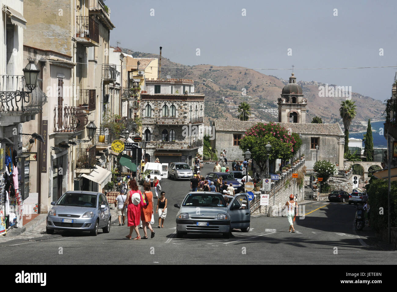 Italy, Sicily, Taormina, Old Town, street scene, Southern Europe, town, street, traffic, vehicles, cars, pedestrians, people, tourists, church San Pancrazio, place of interest, destination, tourism, Stock Photo