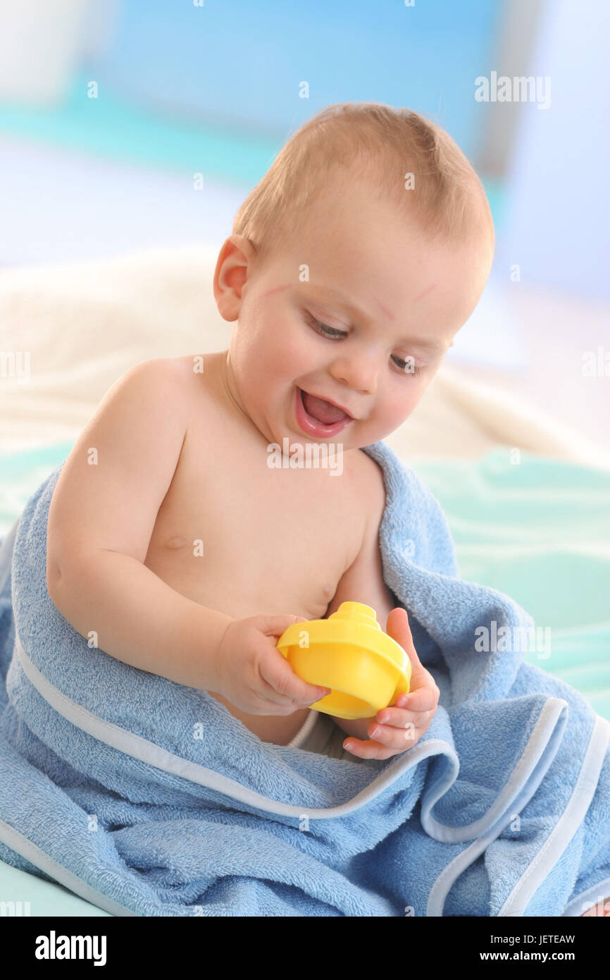 Baby, 6 months, portrait, seated, care, towel, bathing, Stock Photo