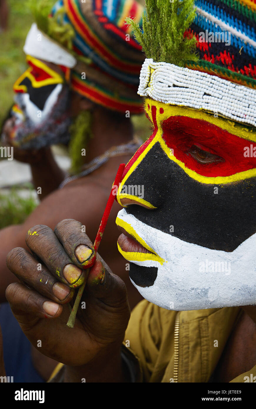 Papua New Guinea, men of the Huli of strain, close up, Stock Photo