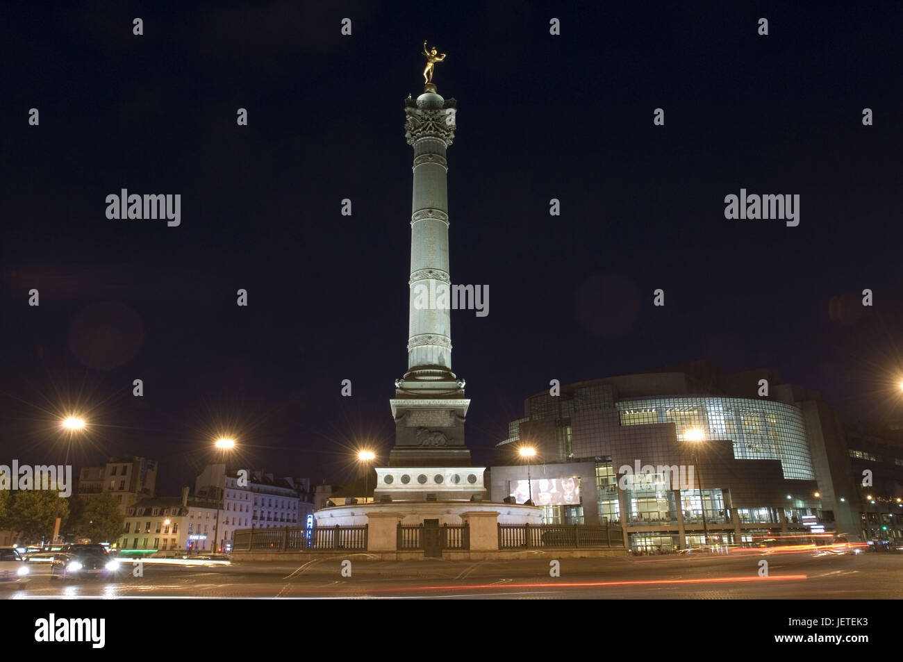 France, Paris, Place de la Bastille, July pillar, Bastille opera, lighting, evening, Stock Photo