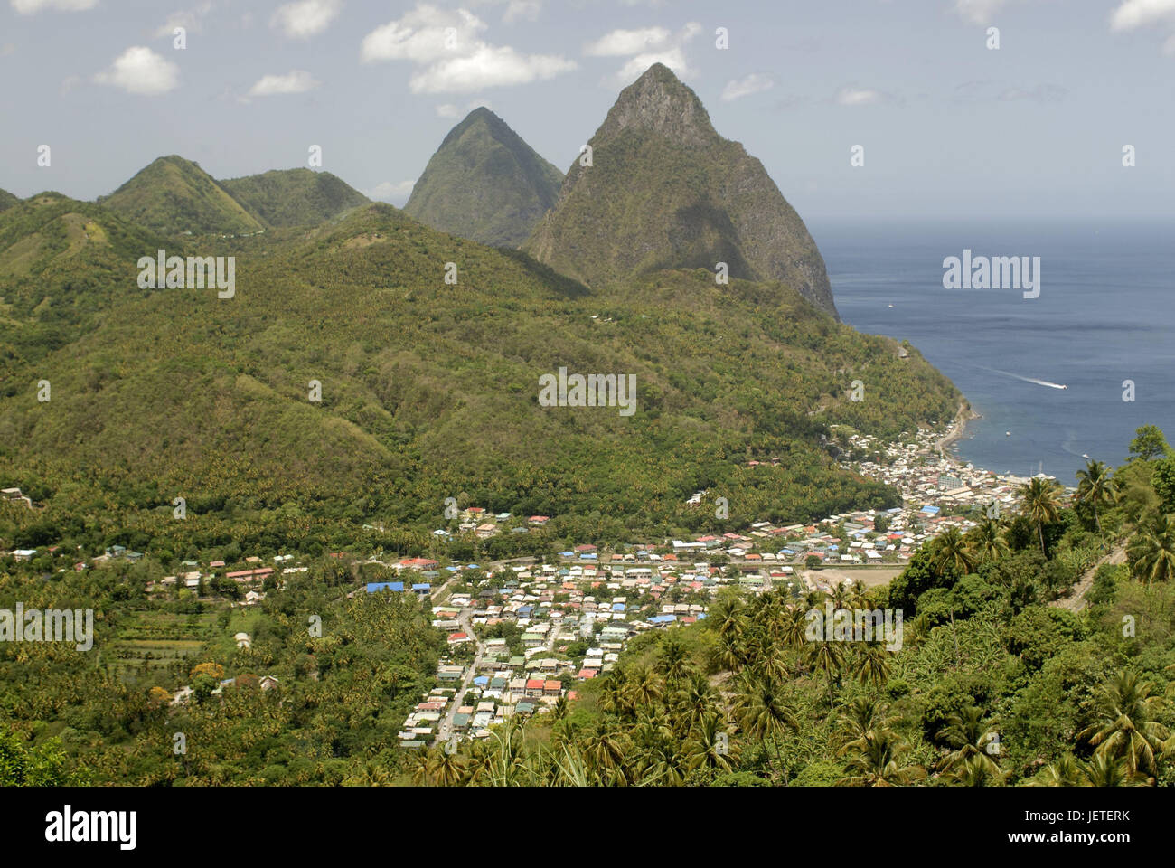 The small Antilles, Saint Lucia, Soufriere, local overview, coast, mountains, Pitons, the Caribbean, island, Caribbean island, place, houses, residential houses, mountains, mountain cones, strikingly, rising, environment, tropical, rainforest, Stock Photo