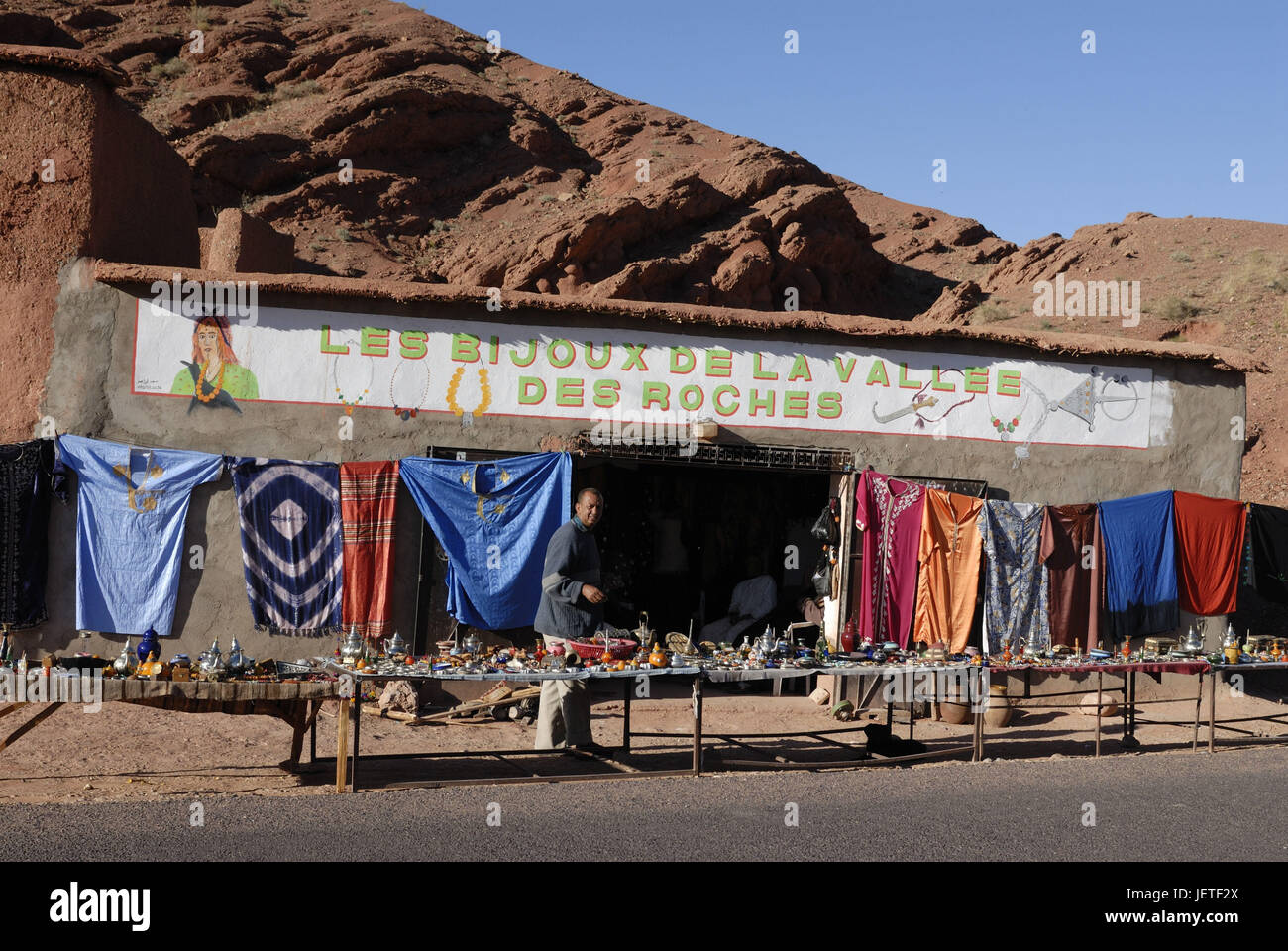 Souvenir state, Dschellabahs, clothes, traditionally, Moroccan, sales, Dades gulch, Morocco, Africa, Stock Photo