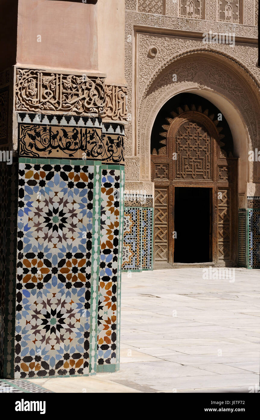 Pillars, decorates, Mosaike, Medersa' Ali ben of Youssef', Marrakech, Morocco, Africa, Stock Photo